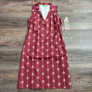 NWT Katherine Way Sleeveless Shift Dress Size Small Burgundy Gold Arrow Print